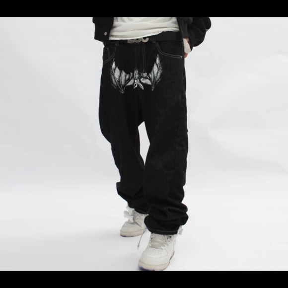 Spoof Portrait Print Denim Pants Mens High Street Funny Loose Straight-leg Pants - Picture 5 of 7